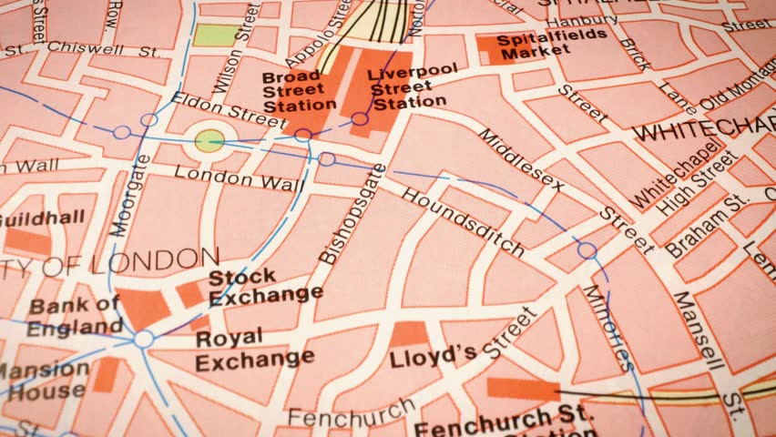 Smooth sliding shot across road map focusing on streets in London