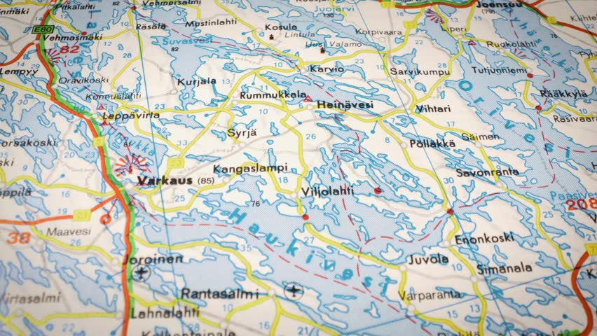 Sliding shot across road map showing lakes and fjords in Finland