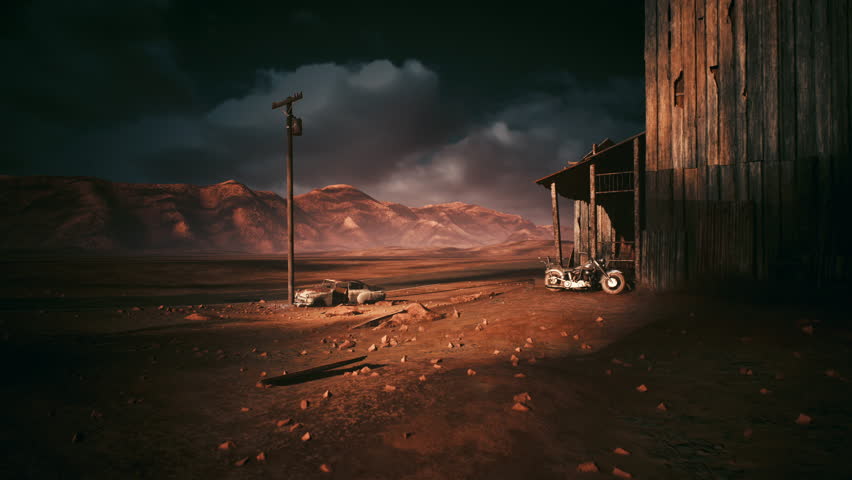 desert dusk scene weathered wooden shack and telephone pole under stormy sky, rusted wagon parts scattered across arid ground, distant mesa ridges bathed in low