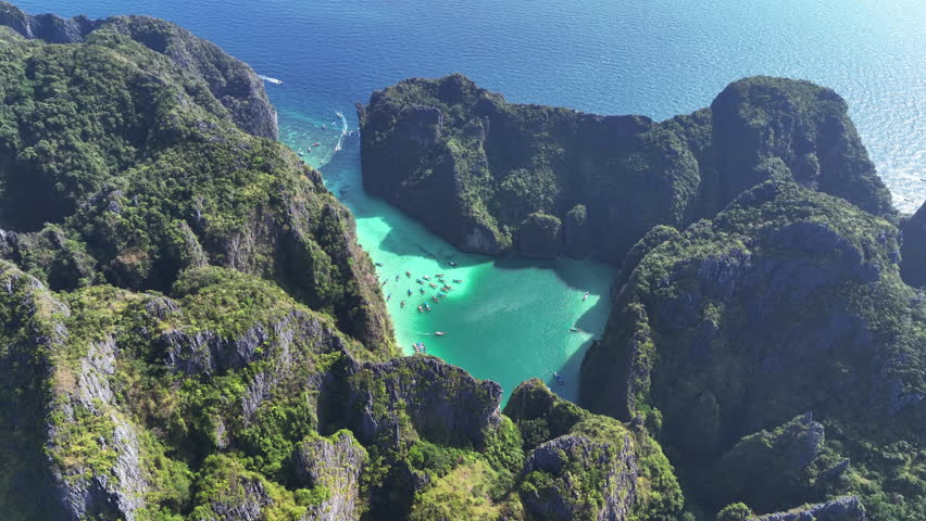 Aerial view of Maya bay and Pileh lagoon in Phi phi island, Thailand.