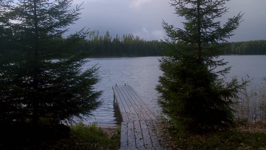 Static shot showcases calm lake under cloudy sky, bordered by evergreen trees. Wooden dock extends onto water, forest lines horizon. Serene nature in Finland setting.