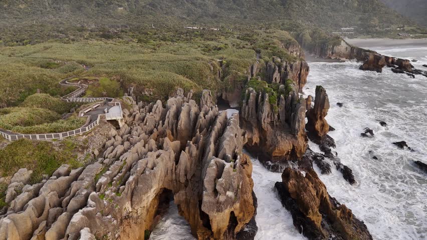 Wide angle aerial view of the Pancake Rocks on the South Island of New Zealand near Punakaiki.