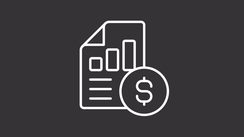 Animated financial statement white line icon. Chart with coin animation. Business activity report. Corporate money assets management. Isolated element on dark background. Alpha transparent video