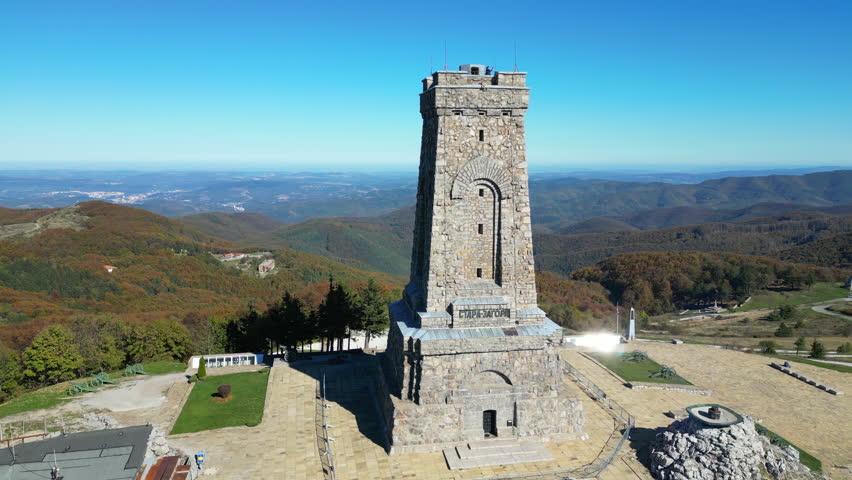Drone orbiting the historical Shipka Monument in Bulgaria.