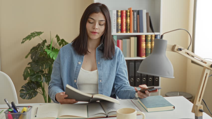 Woman holds smartphone and points pencil to open notebook on desk with bookshelf and lamp in studio; concentration productivity.