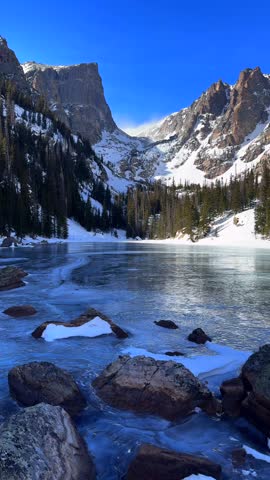 Dream Lake frozen blue ice shade vertical Colorado RMNP Emerald Lake Rocky Mountain National Park sunny blue sky Hallett Peak Flattop Mountains Estes Park Bear Lake hiking trail blowing snow windy