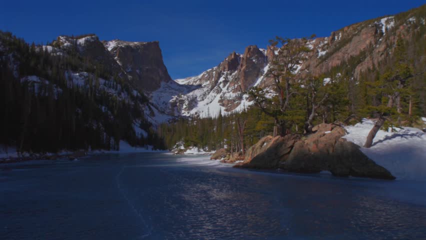 Hallett Peak Flattop Mountains Colorado RMNP Dream Lake Emerald Lake Rocky Mountain National Park sunny blue sky Estes Park Bear Lake hiking trail blowing snow windy static shot