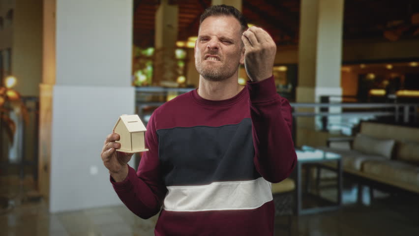 Man in maroon sweater holding a small wooden model house in left hand and making ok sign with right hand in hotel lobby with eyes closed and slight smile; homeownership satisfaction.
