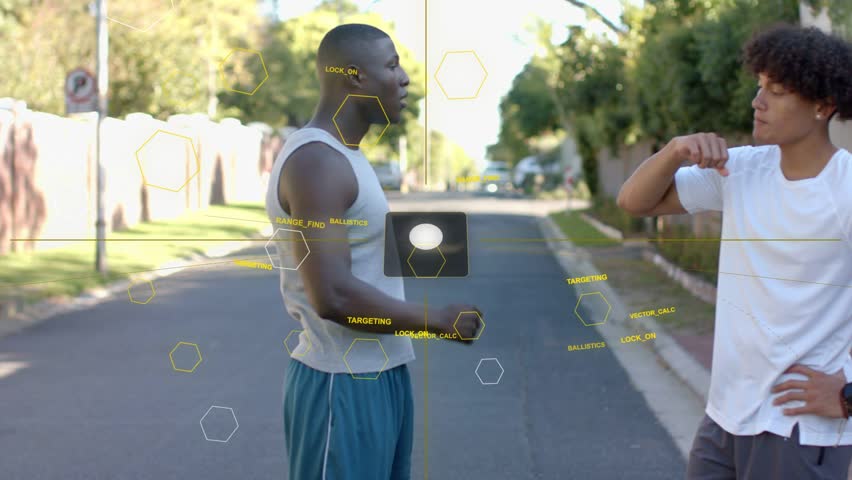 Two men initiating raised-fist handshake in street, AR HUD marking tablet, looking to follow ahead. Neighbors, casual, documentary, stock, suburban, overlay, display