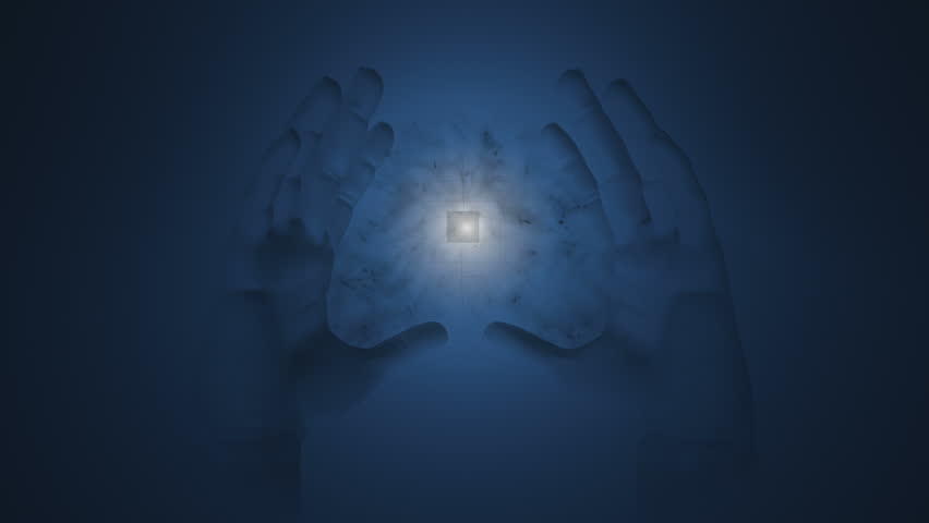 Hands holding an evil energy cube. Concept 3d animation.