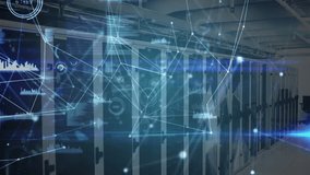 Data center servers receiving data and initiating overlays with nodes, waveforms showing flow. Rack, corridor, cabling, telemetry, monitoring, visualization, futuristic - Powered by Shutterstock - Get 15% off with code: PIKWIZARD15
