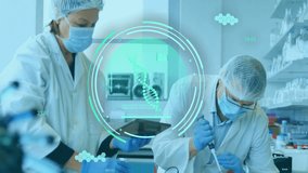 Woman giving tablet starting man pipetting tubes prepping samples in lab while HUD animating DNA. Researchers, bench, pipette, microtubes, reagents, teamwork, biotechnology - Powered by Shutterstock - Get 15% off with code: PIKWIZARD15