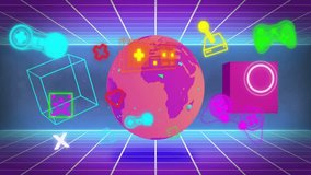 On scene load stylized globe rotating while joystick icon orbiting, showing gaming visuals. Neon, synthwave, grid, cube, sphere, glow, motion - Powered by Shutterstock - Get 15% off with code: PIKWIZARD15