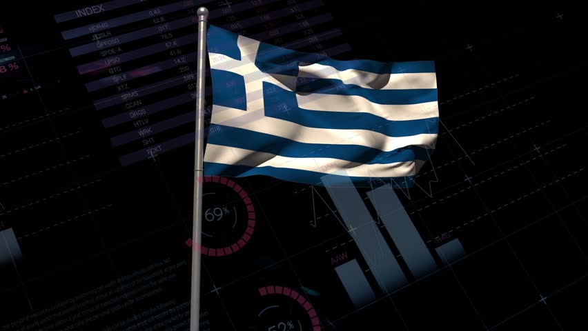 Rippling Greek national flag on metal pole reacting to simulated breeze in CGI data charts backdrop. Ensign, blue, white, stripes, canton, motion, graphics
