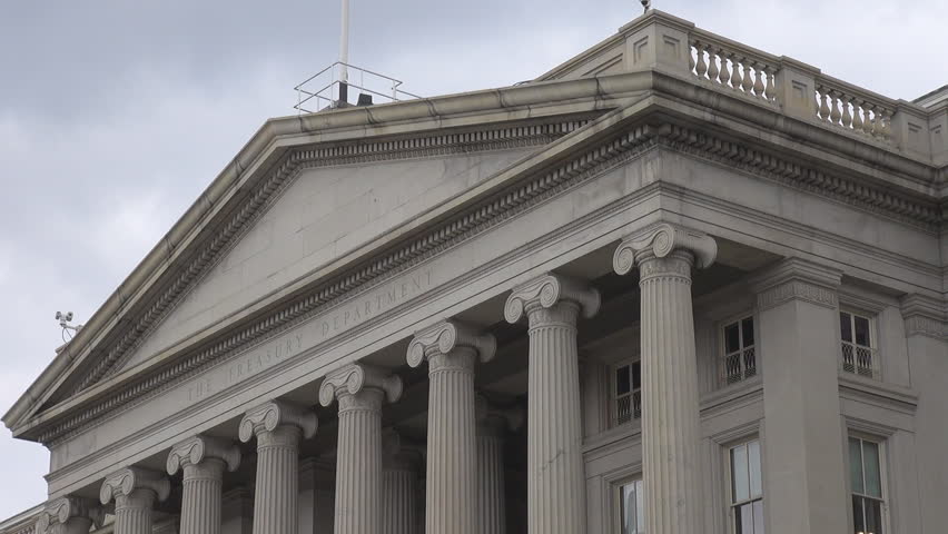 The United States Treasury Department in cloudy day, Washington DC, USA