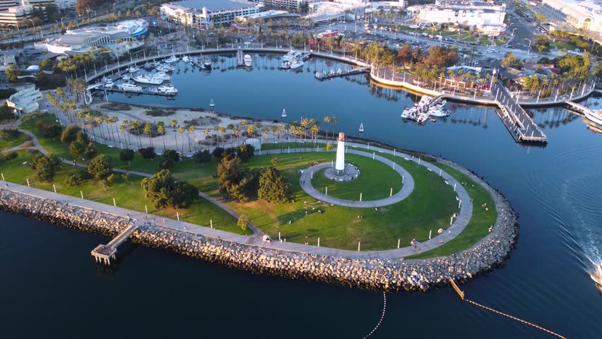 360 panorama of Lighthouse, Scenic Port of LA at sunset. Downtown Long Beach California. Industrial port for shipping, import, export of cargo. Los Angeles CA