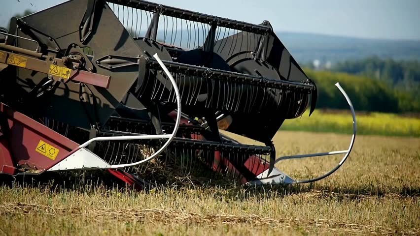 Farm machinery in action, grain harvesting in countryside. Tractor cuts wheat field. Sunny day agricultural work. Close details combine harvesting crops.