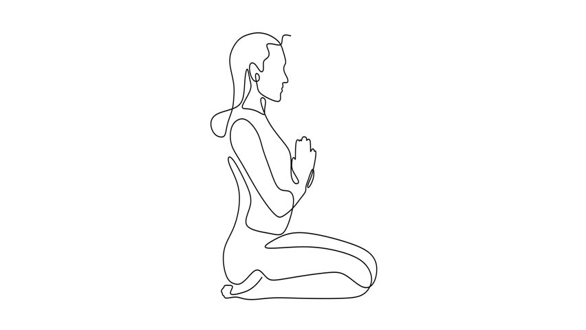 Animated self drawing of continuous line draw of  Young happy woman doing yoga, meditating in lotus pose.    Full length one line animation. 4K	
