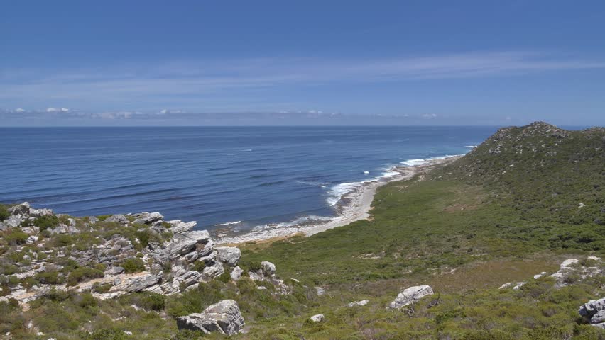 Tripod shot of expansive view of a rocky coastline with lush green vegetation meeting the deep blue ocean under a clear sky at Cape of Good Hope, Cape Point Nature Reserve, South Africa.