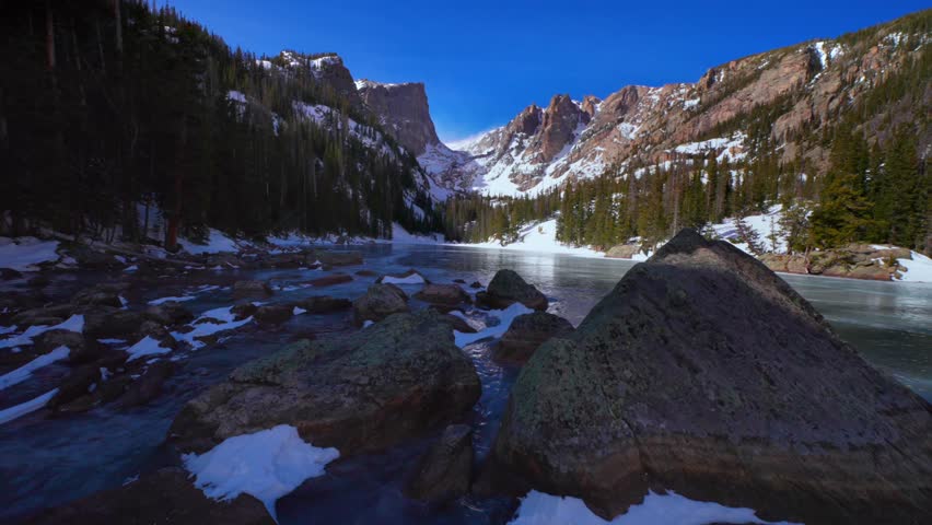 Wide scenic view of a frozen alpine lake surrounded by snow-dusted rocky mountains, evergreen forest, and large foreground boulders under a clear blue winter sky.