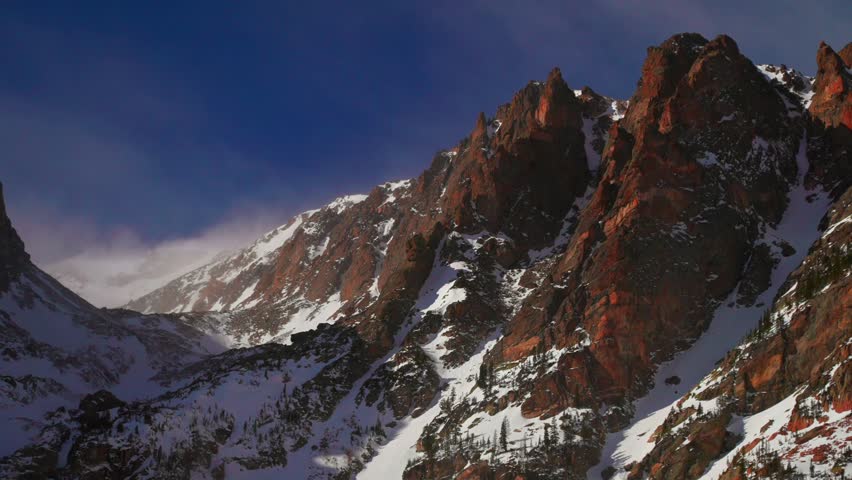 Hallett Peak Flattop Mountains Colorado RMNP Dream Lake Emerald Lake Rocky Mountain National Park sunny blue sky Estes Park Bear Lake hiking trail blowing snow windy zoom in