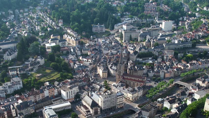 Aerial panorama view of the old town and city Tulle, in France, on a sunny afternoon in summer.