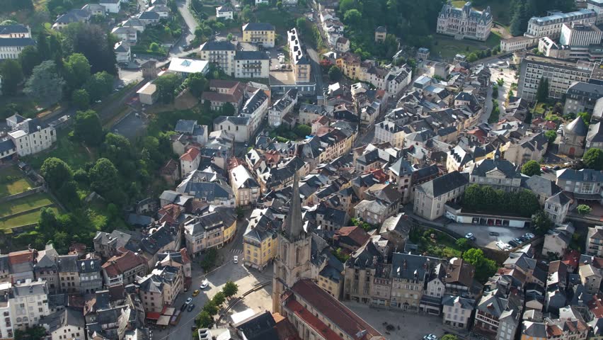 Aerial panorama view of the old town and city Tulle, in France, on a sunny afternoon in summer.