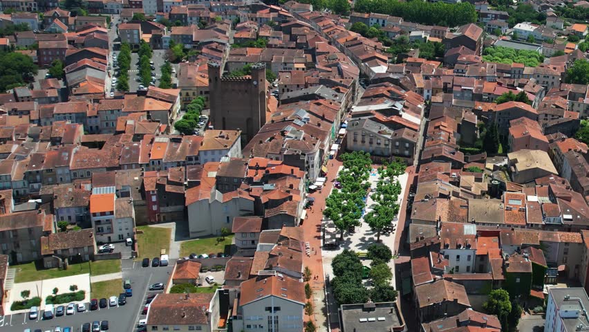 Aerial panorama view of the old town and city Pamiers, in France, on a sunny noon in summer.