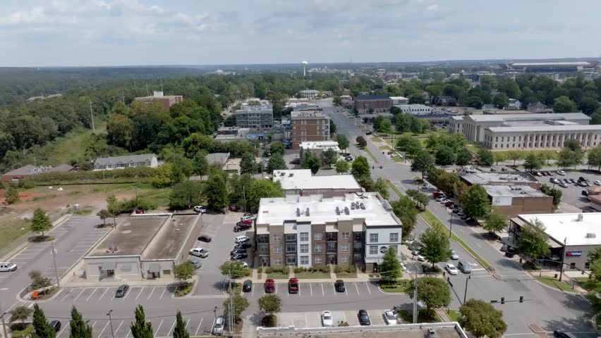 Downtown Tuscaloosa, Alabama with drone video moving left to right wide.