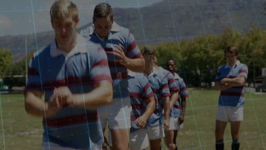 Lead raising knees, rugby squad following with knee hops sports warmup, animated graphs overlaying. Athletes, lineup, drill, outdoor, grass, teamwork, focus