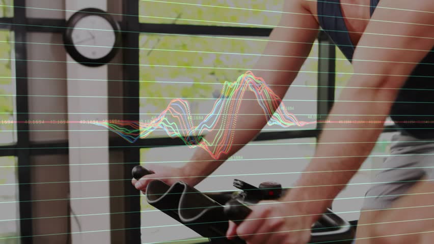 Hands gripping bars initiating fitness spin, three cyclists pedaling, waveform syncing with motion. Group, cycling, cardio, workout, gym, studio, focus