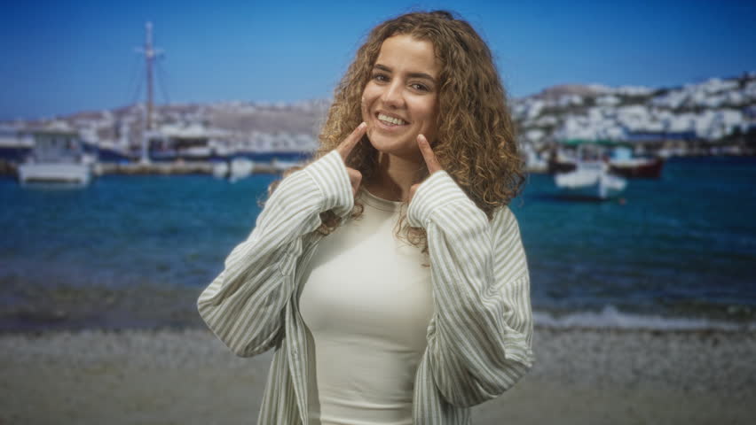 Woman with curly hair points index fingers to cheeks showing teeth smile in a studio seaside backdrop with boats and water; playful joy.
