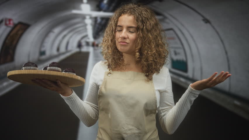 Woman holding a tray of muffins with open hands and a shrugging gesture in a station building, neutral expression and slight frown; uncertainty.