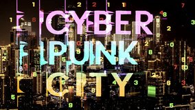 cyberpunk city written with a unique glitch style type and city skyline in background  - Powered by Shutterstock - Get 15% off with code: PIKWIZARD15