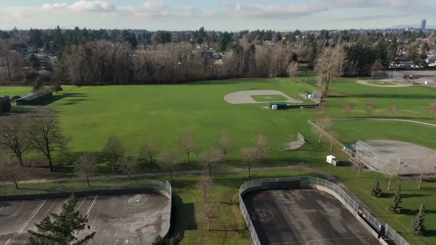Sports Field Landscape In South Surrey Athletic Park In British Columbia, Canada. AerialRotate Shot