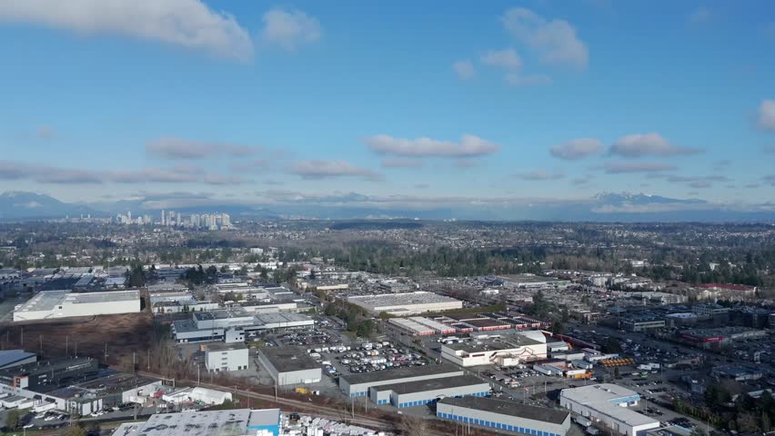 Panorama Of Industrial Complex In Surrey, British Columbia, Canada. Aerial Shot