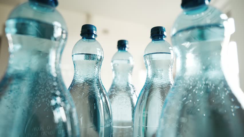 Smooth Camera Drive Among A Row Of Big Blue Bottles Of Mineral Sparkling Water On A Table