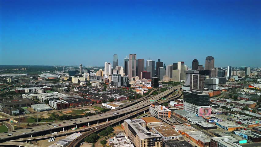 Urban skyline with elevated highway and office towers Dallas Texas
