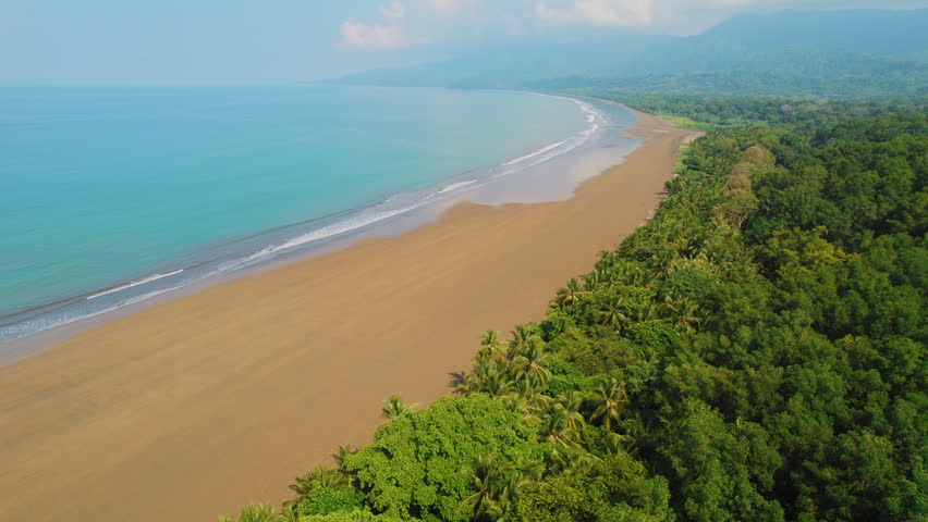 Aerial view of tropical coastline with wide sandy beach and jungle in Costa Rica