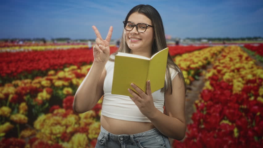 Young woman reading a green book holding a peace sign gesture in a tulip field; serenity quiet study.