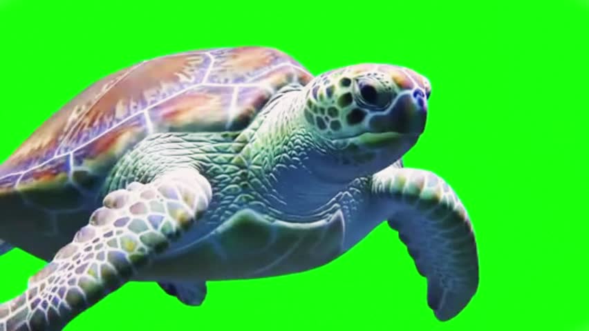 Sea turtle isolated on green background. Marine reptile swimming with flippers extended. Tropical ocean animal cutout on chroma key green screen for video editing, compositing, and background replacement.