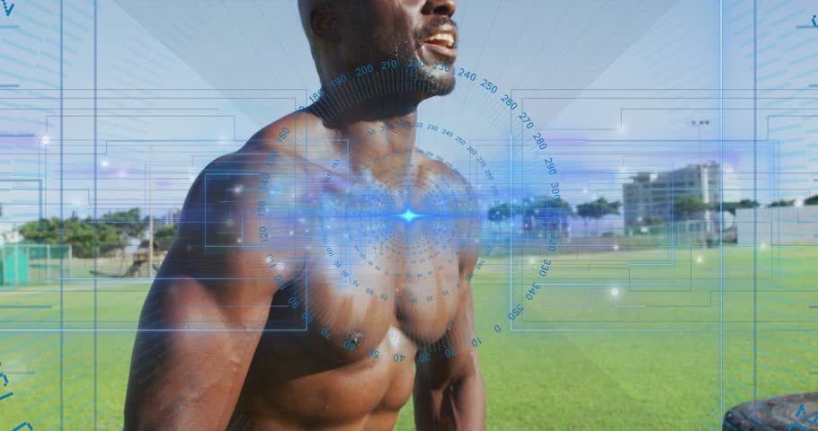 Mature male recovering after sprint, breathing deeply on sports pitch, HUD overlay tracking chest. Athlete, training, field, outdoor, sunlight, fitness, focus