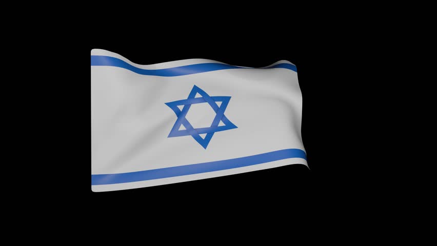 Israeli flag waving on black background, realistic fabric animation