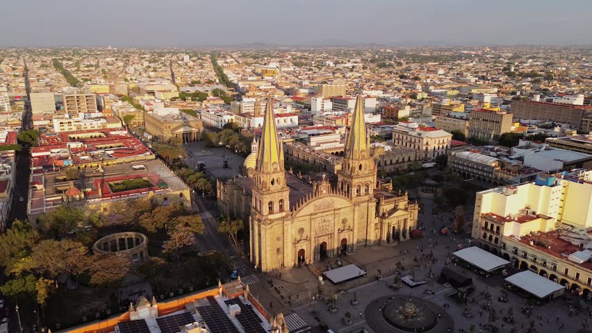 Aerial view of the sunset in Guadalajara (Mexico) with the cathedral