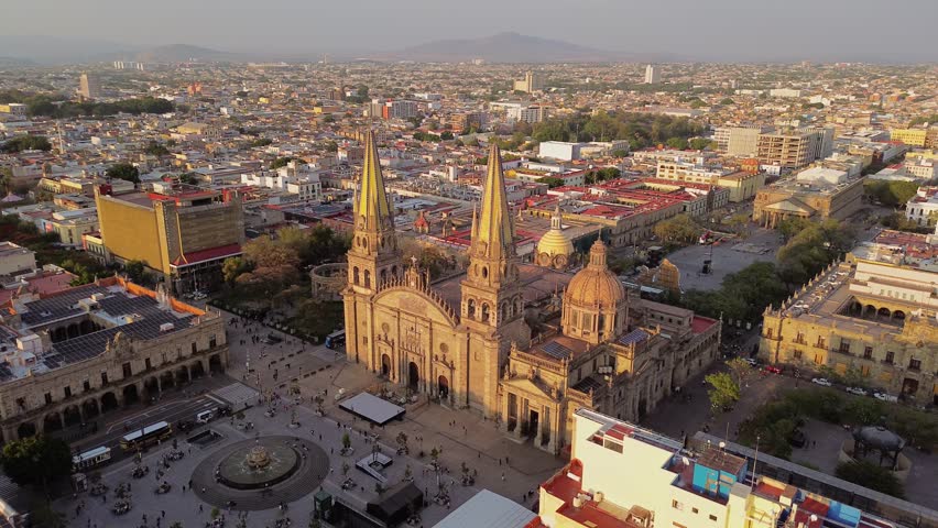 Aerial view of the guadalajara cathedral at sunset in jalisco, mexico