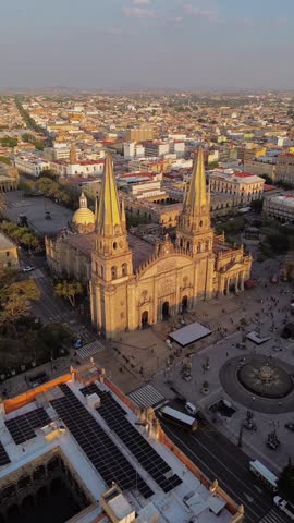 Aerial drone view of plaza and catherdral of Guadalajara, city of mexico