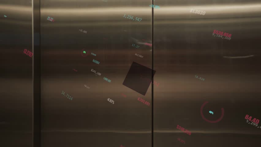 Doors opening, man in white shirt entering GF lobby, pressing button, commuting with market HUD. Elevator, commuter, tickers, charts, concourse, stainless, minimalist