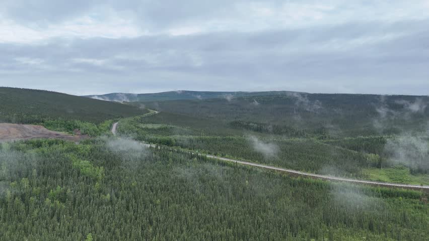 Beautiful aerial view of a winding road crossing a dense evergreen forest, with morning fog and mist rolling over the green hills under a cloudy sky in a pristine natural environment