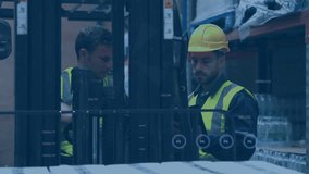 Vertical video: Acting on HUD ping, two men in vests using forklift in warehouse checking shelf gap. Helmet, safety, industrial, logistics, collaboration, dashboard, visualization - Powered by Shutterstock - Get 15% off with code: PIKWIZARD15