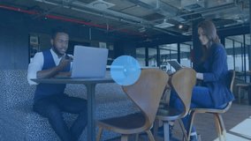 Two coworkers using laptop and tablet in lounge, overlay expanding across table, showing tech links. Network, wifi, connectivity, colleagues, devices, workspace, modern - Powered by Shutterstock - Get 15% off with code: PIKWIZARD15